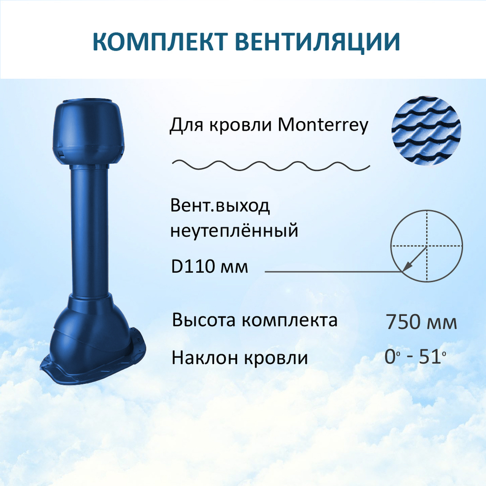 Комплект вентиляции: Вентиляционный выход D110 не утепленный высота H=500 мм, проходной элемент для металлочерепицы Monterrey, колпак вентиляционный D110, синий