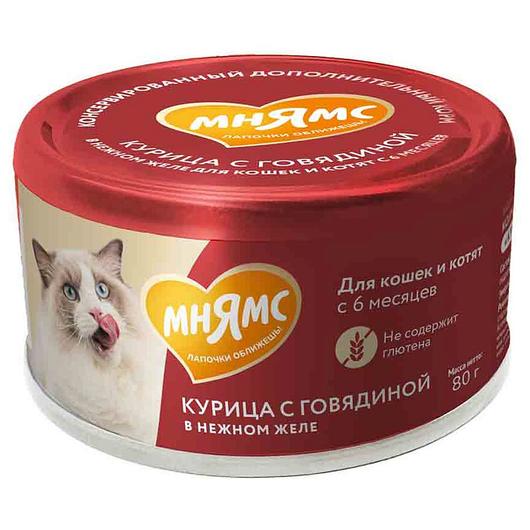 Влажный дополнительный корм для кошек и котят старше 6 месяцев Мнямс на каждый день курица с говядиной в нежном желе 80 г