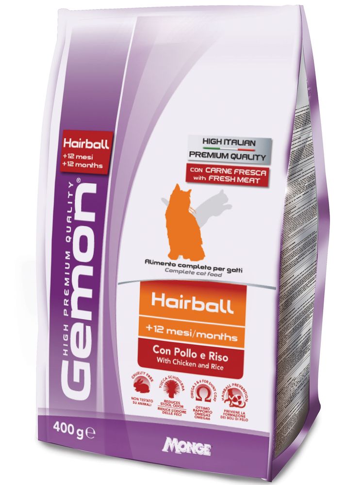 Сухой корм Gemon Cat Hairball, для выведение шерсти, для взрослых кошек, с курицей и рисом 400 г