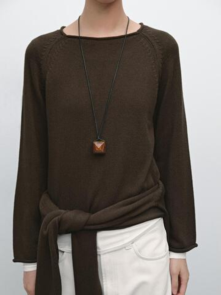 Massimo Dutti Ажурный свитер платочной вязки, коричневый