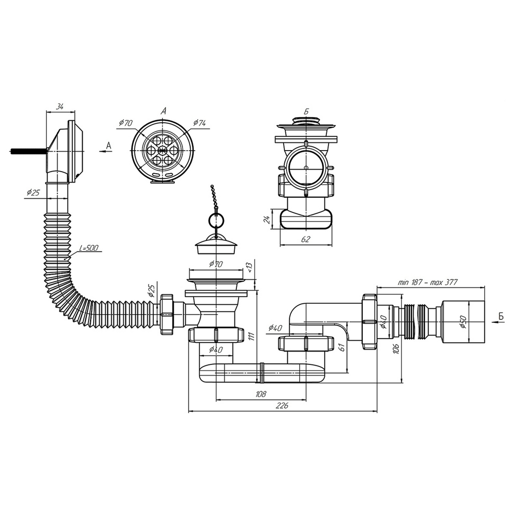 Обвязка на ванну 1 1/2*40*50 с вып.и переливом плоский с гофрой Ani Е055 АНИ пласт