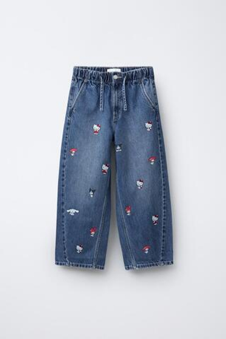 ZARA ДЖИНСЫ BARREL HELLO KITTY © SANRIO, СИНИЙ
