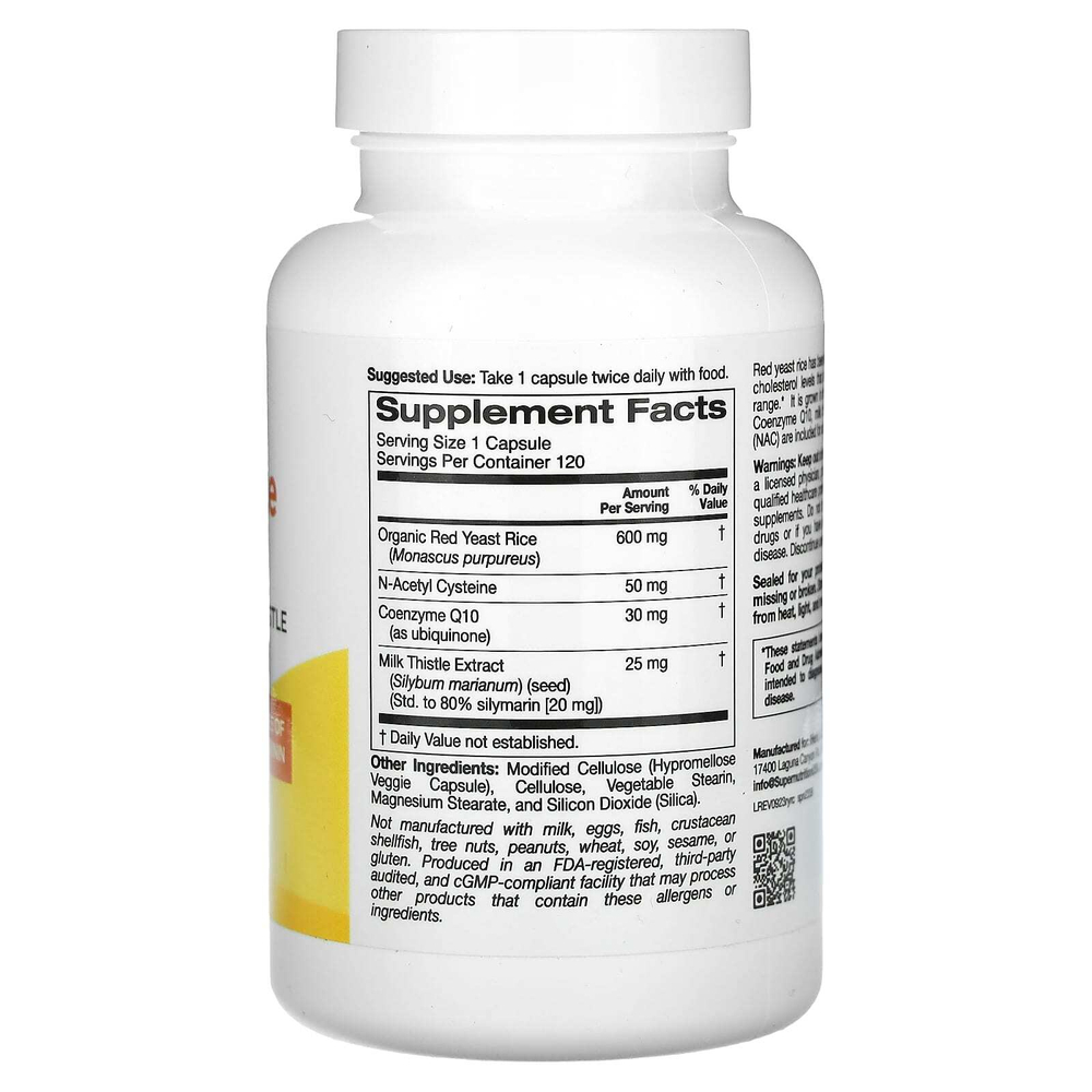Super Nutrition, комплекс с органическим красным ферментированным рисом, N-ацетилцистеином, коэнзимом Q10 и экстрактом расторопши, 120 вегетарианских капсул
