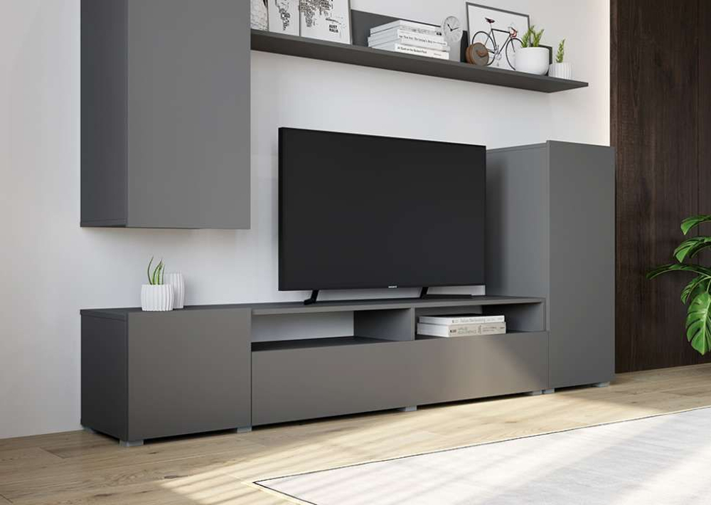 Стенка в гостиную со шкафом Бетон/Белый, Лира, 168х35х213 см Горизонт