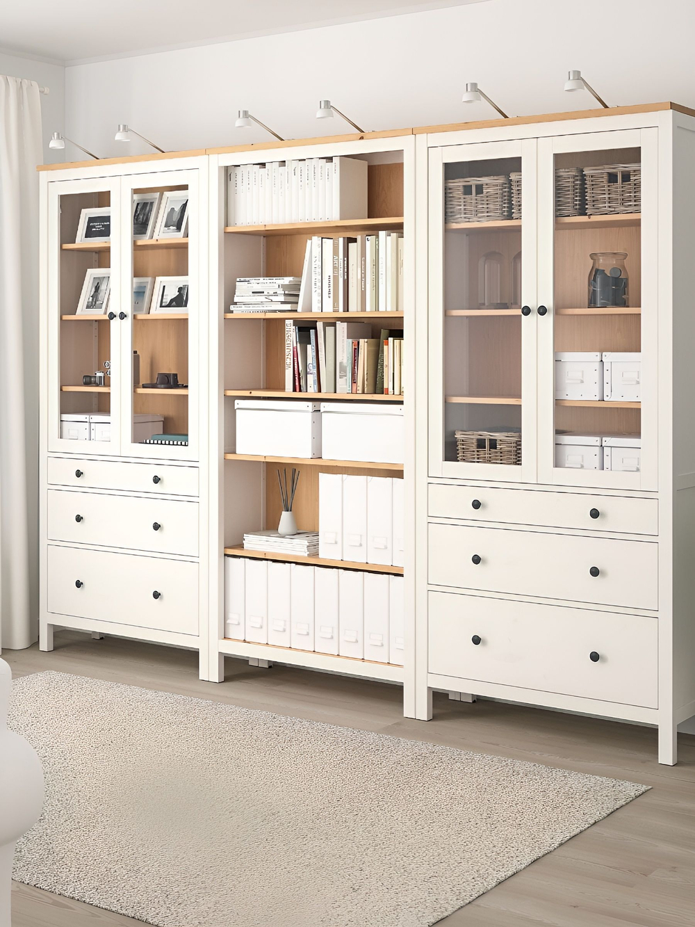 IKEA Шкаф с 3мя ящиками HEMNES стекло/стекло, 198х90х37, белый/св-коричневый, из массива дерева, КЫМОР (ХЕМНЭС ИКЕА), массив сосны