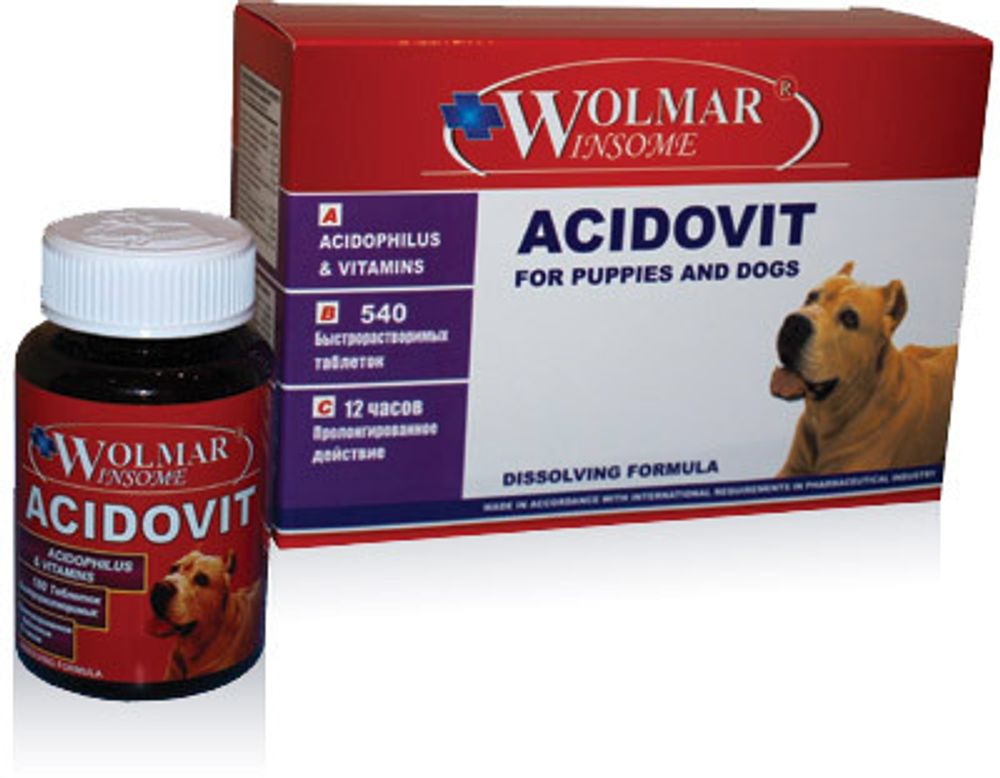 WOLMAR WINSOME® ACIDOVIT  Полифункциональная комбинация ацидофильных бактерии и значительного количества двенадцати основных водо- и жирорастворимых витаминов.180тб