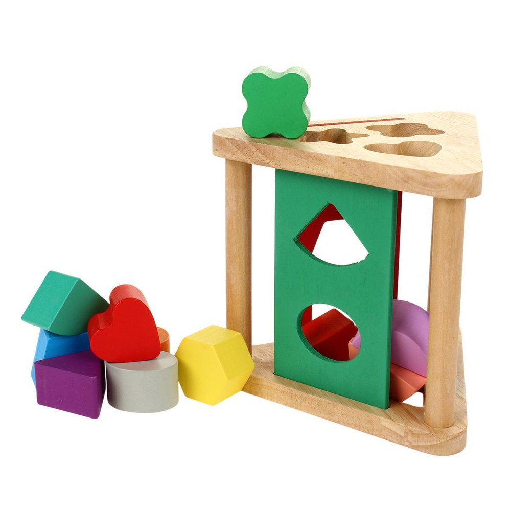 Развивающая игрушка деревянная Сортер обьемный треугольный с фигурами, коробка C-41836