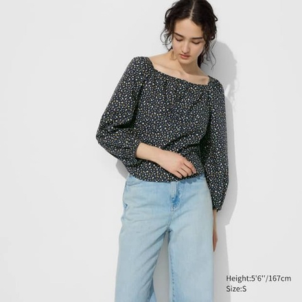 UNIQLO ХЛОПКОВАЯ БЛУЗКА С КВАДРАТНЫМ ВЫРЕЗОМ (С ПРИНТОМ), ТЕМНО-СИНИЙ