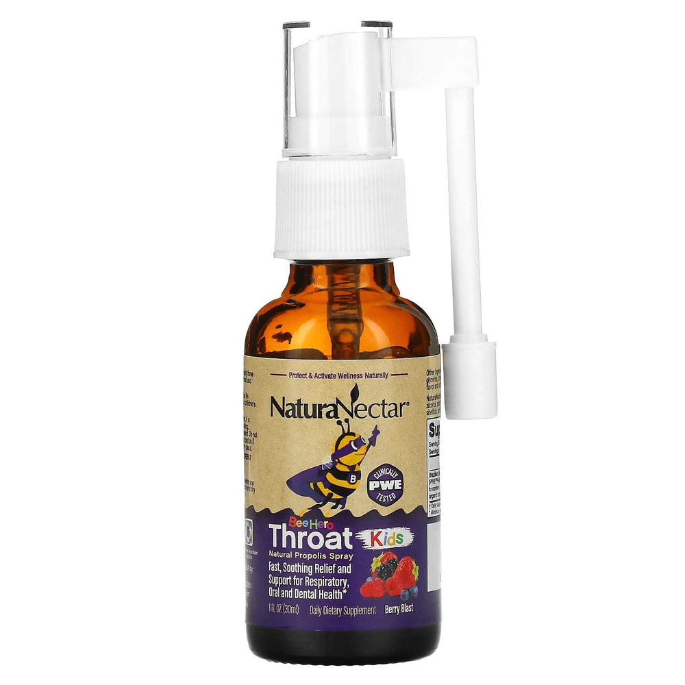 NaturaNectar, Bee Hero Throat Kids, натуральный прополис в спрее, ягодный вкус, 5 мг, 30 мл