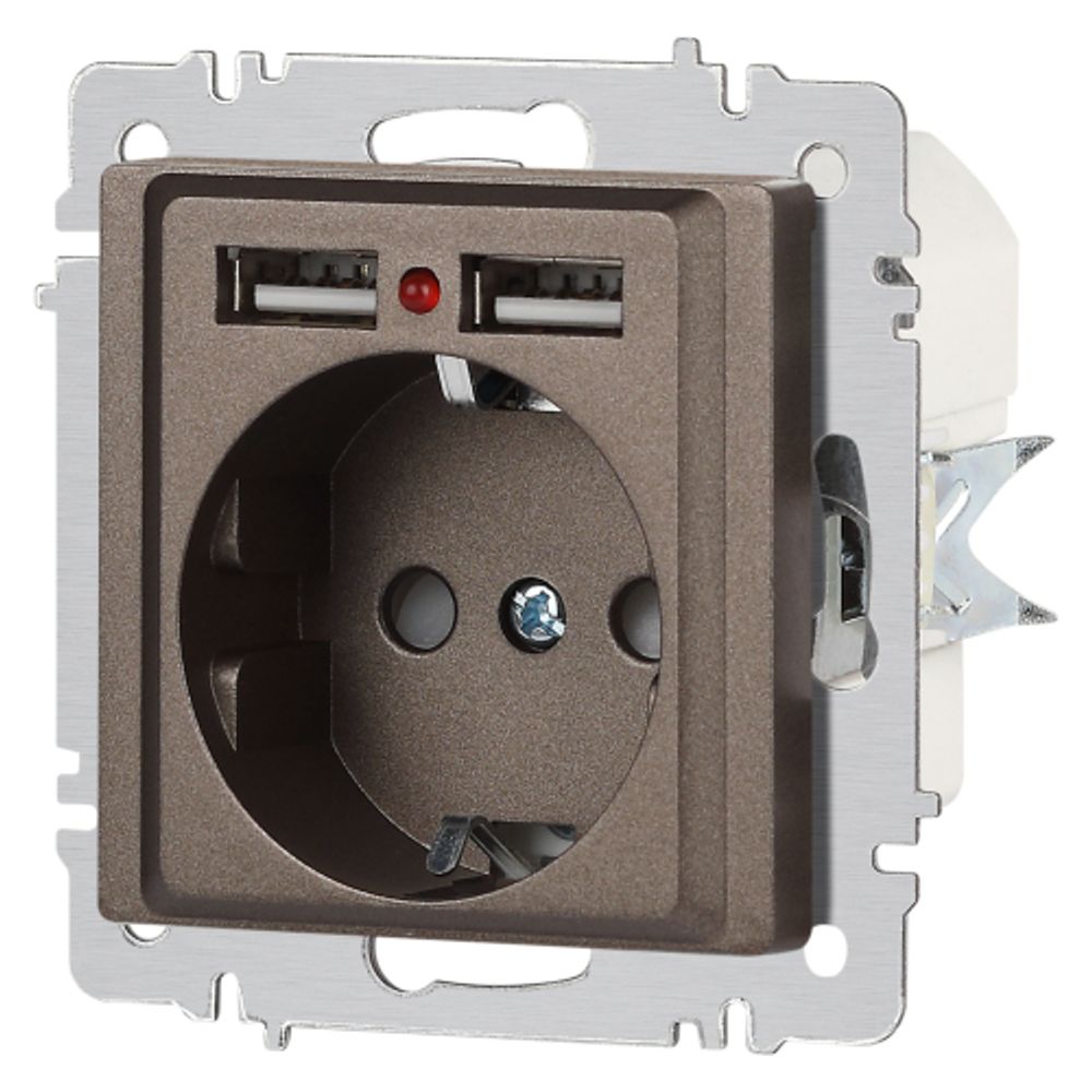 Розетка Intro Accent 6-410-08 с заземлением 2P+E Schuko со шторками 16А-250В + 2хUSB IP20 СУ бронза