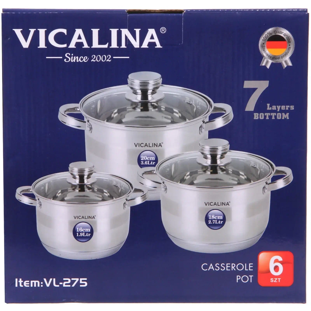 Набор посуды из нержавеющей стали VICALINA 3 предмета (3 кастрюли 1,9л, 2,7л, 3,6л) VL-275