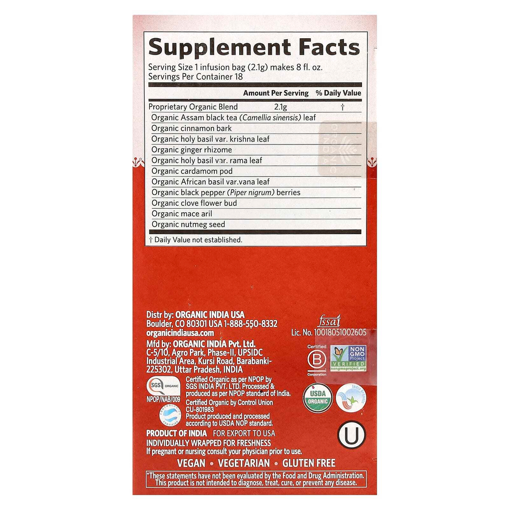 Organic India, Чай масала с тулси, 18 пакетиков, 37,8 г (1,33 унции)