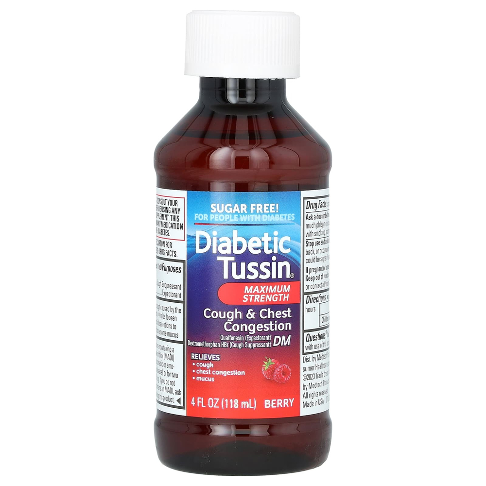 Diabetic Tussin, Cough & Chest Congestion, средство от кашля и заложенности носа, максимальная сила действия, ягодный вкус, 118 мл (4 жидк. унции)