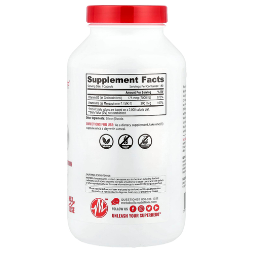 Metabolic Nutrition, витамины D3 и К2, 180 капсул