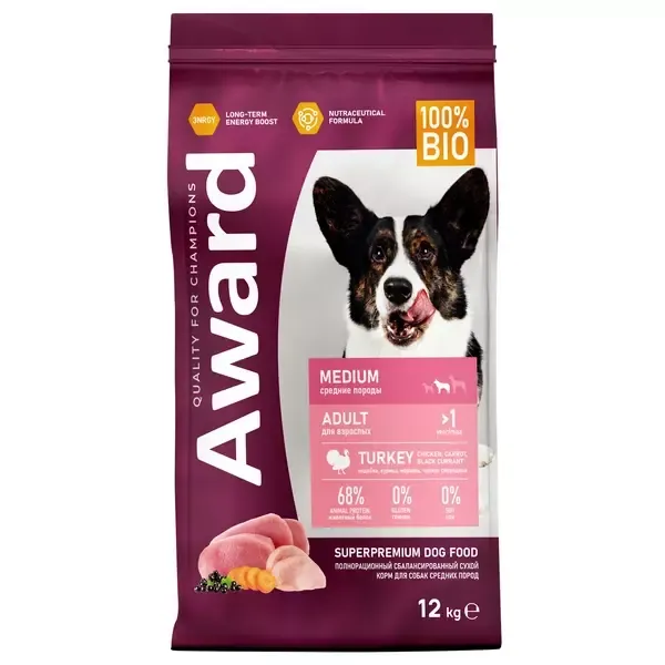 Сухой корм AWARD для взрослых собак средних пород с индейкой и курицей с добавлением моркови и черной смородины
