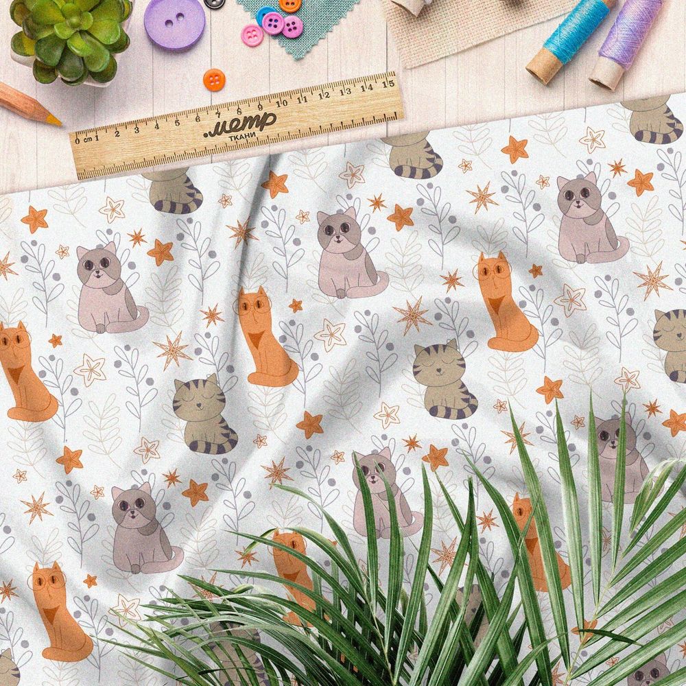 Ткань лен коты мультяшные