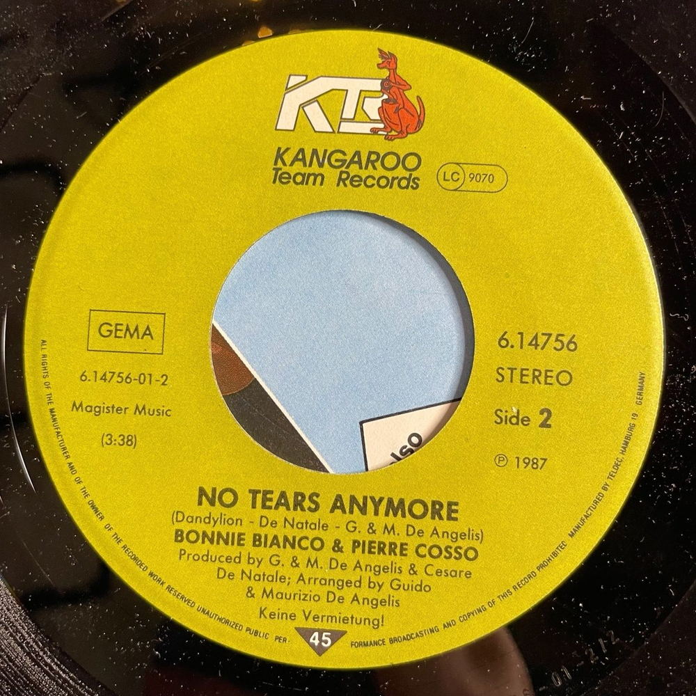 Винтажная виниловая пластинка LP Bonnie Bianco and Pierre Cosso Stay, No Tears Anymore (Germany 1987) 7 дюймов, 45 RPM, Single