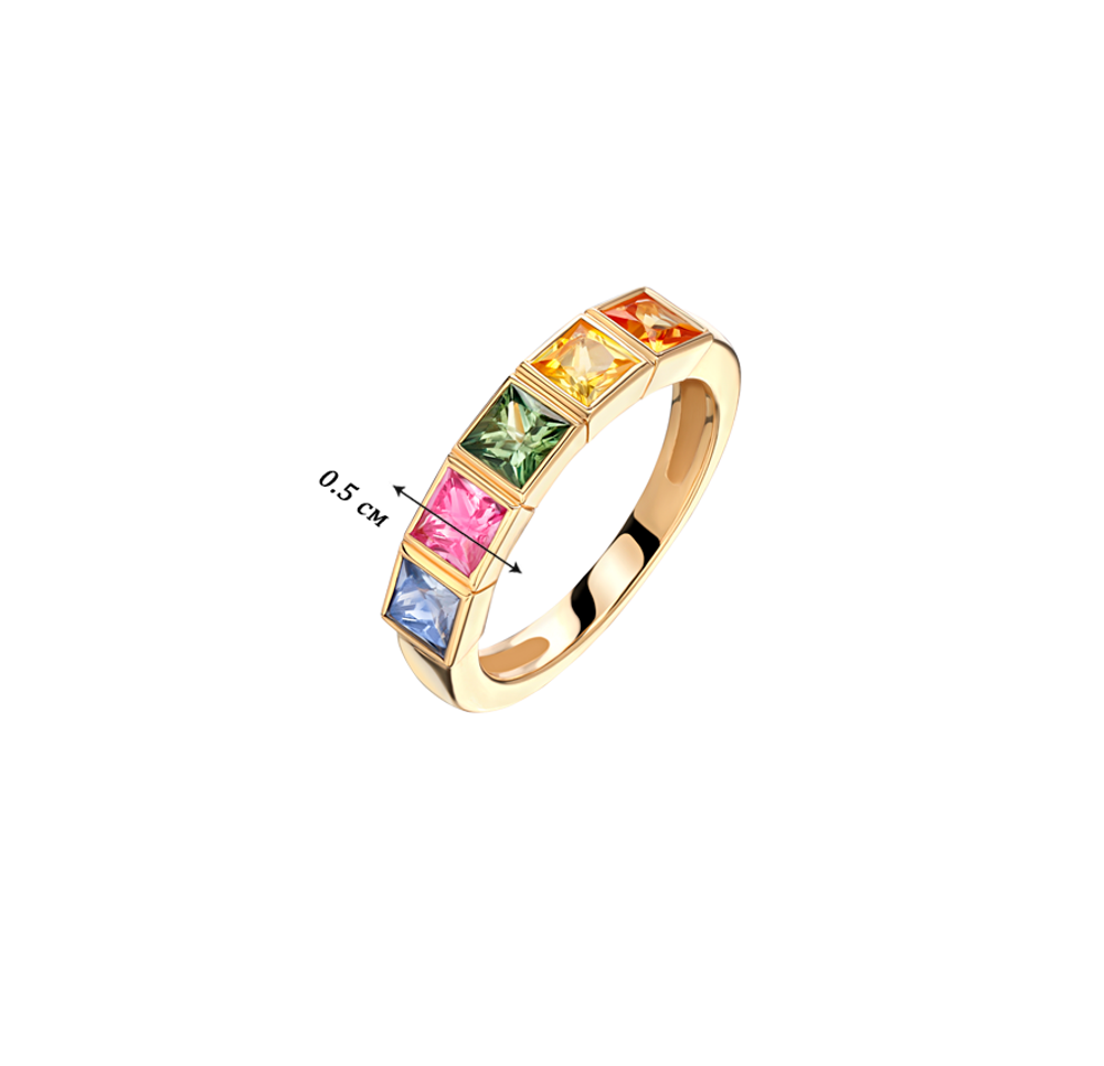 Кольцо из желтого золота с сапфирами multi color огранки "Принцесса"