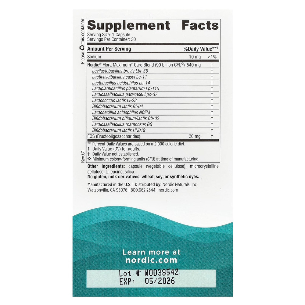 Nordic Naturals, Nordic Flora Probiotic, Maximum Care, 90 млрд КОЕ, 30 капсул