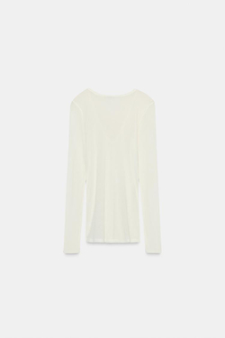 ZARA ФУТБОЛКА С V-ОБРАЗНЫМ ВЫРЕЗОМ, ЖЕЛТОВАТО-БЕЛЫЙ