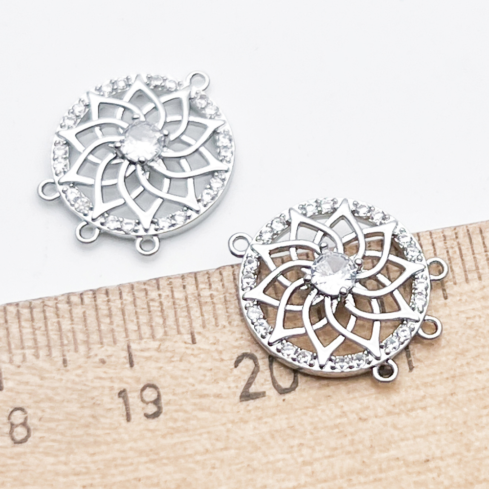 Коннектор Цветок, цвет серебро (родий), фианиты, размер 18*15 мм, цена за 1 шт