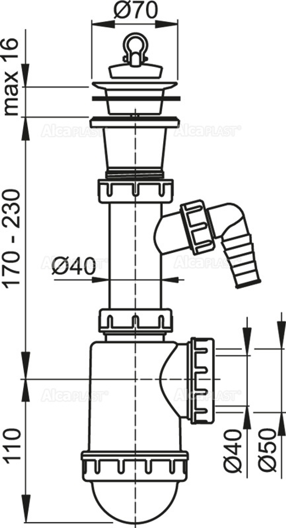 Сифон для мойки AlcaPlast A442P-DN50/40