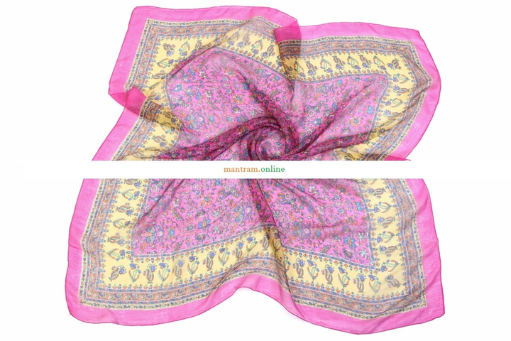 Платок материал Шелк 100% "Цветы, колокольчики" цвет оранжевый синий серый зеленый на желтом с малиновой каймой 100x100см.