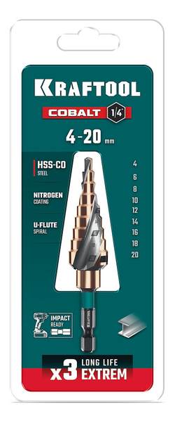 KRAFTOOL COBALT 4-20мм, 9 ступеней, азотирование, винтовая спираль, сверло ступенчатое(29691-4-20-9)
