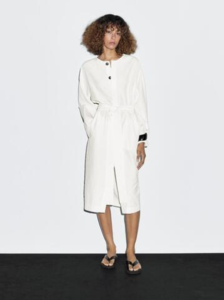 Massimo Dutti Платье-рубашка с контрастными пуговицами, натуральный, кремовый
