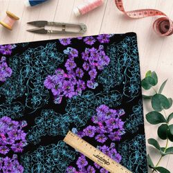 Ткань оксфорд 600 фиолетовые цветы с паутинкой