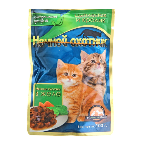 Влажный корм Ночной охотник  для котят, цыпленок кролик в желе, 100 г