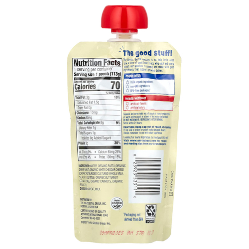 Earth's Best, органическое пюре из пасты и овощей, для детей от 9 месяцев, макароны с сыром и овощами, 113 г (4 унции)