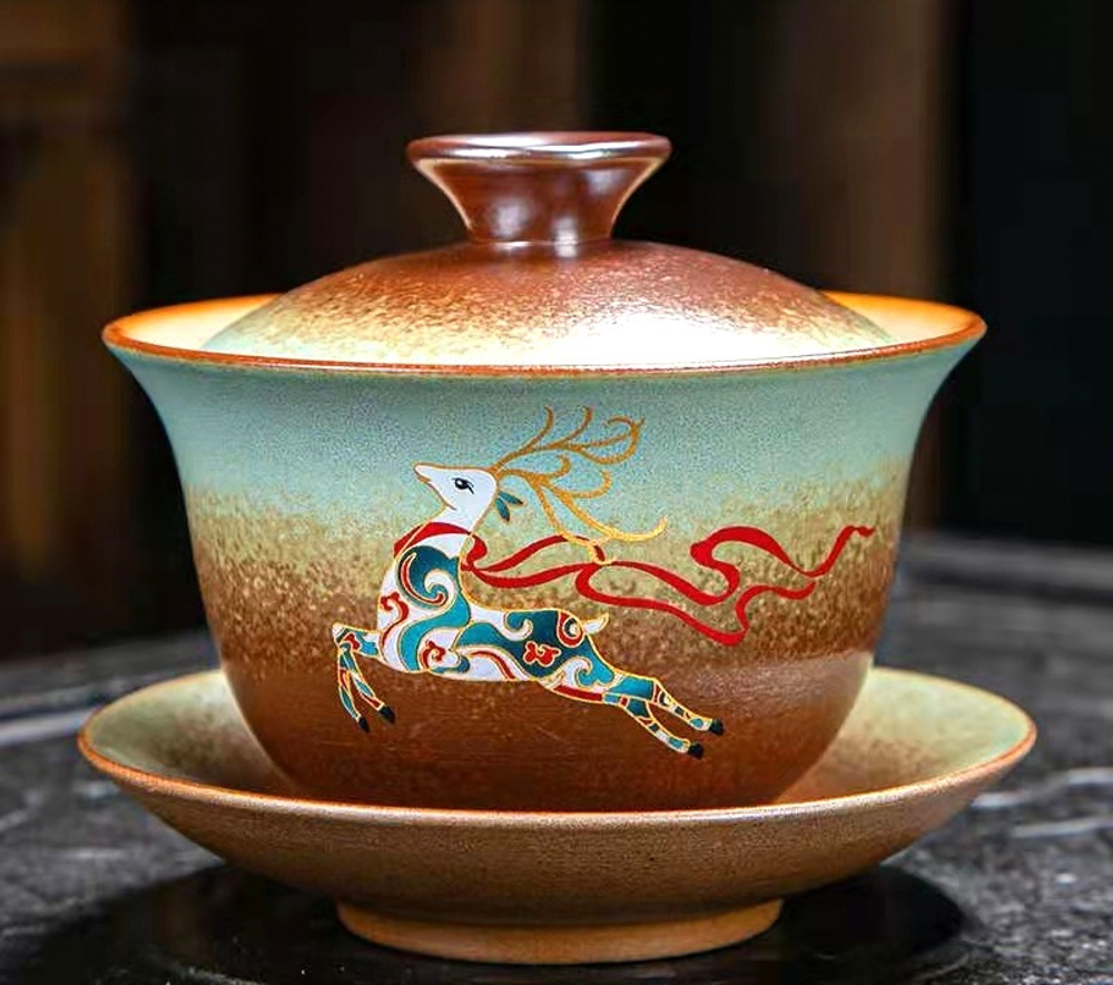 268103.3 Гайвань ОБЖИГ В ПЕЧИ "Лесной олень" имит.обжига h=8.5см,d=10см, 180мл, керамика корич-голуб