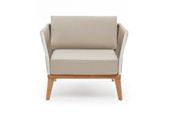 "Касабланка" кресло плетеное из роупа, основание дуб, каркас алюминий светло-серый (RAL7035) муар, роуп серо-коричневый 23мм, ткань бежевая 15052