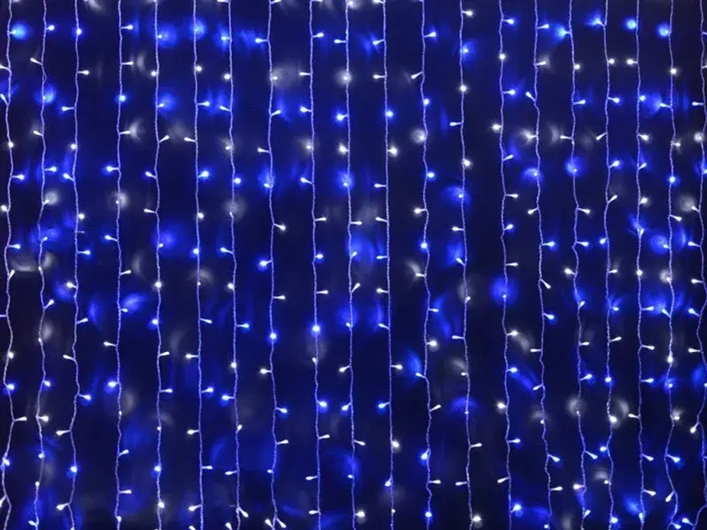 Светодиодный облегченный занавес 2*1.5 м., 220V, 300 сине-белых LED ламп, прозрачный ПВХ провод, Rich LED (RL-CS2*1.5-T/BW)