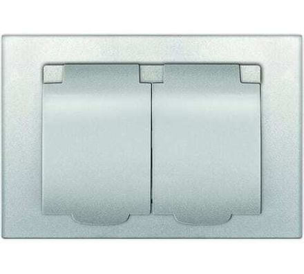 Розетка двухместная "UNIVersal" серия "Афина" с/з с крышкой, с/у, 16А, 220В, серебро (еврослот) (HU2