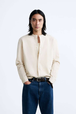 ZARA РУБАШКА ИЗ ХЛОПКА И ЛЬНА, СВЕТЛО-БЕЖЕВЫЙ