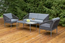 "Канны" лаунж-зона 4-местная (разборная) из роупа со столиком "Диего" цвета "серый гранит", роуп темно-серый круглый, ткань темно-серая