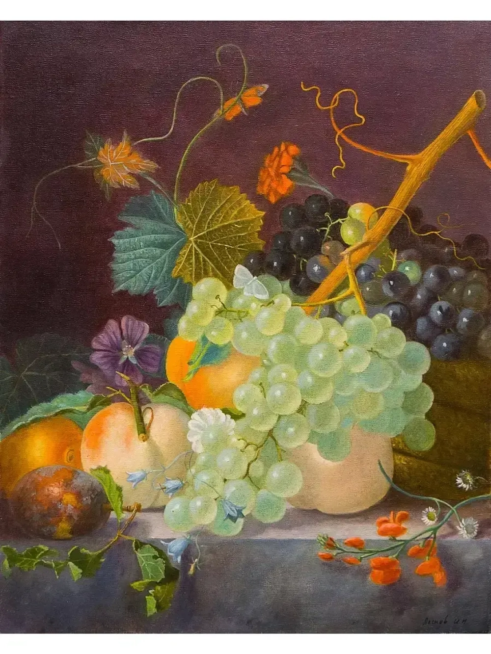 Картина маслом Копия Mignon Abraham.Натюрморт с виноградом и персиками Леснов (без рамы)