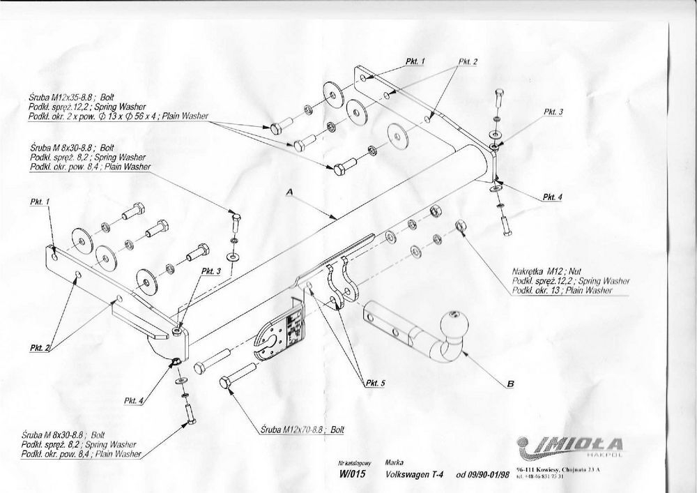 Фаркоп IMIOLA W.015 для Volkswagen Transporter T4 1990-1996(паспорт и сертификат в комплекте)(без электрики)