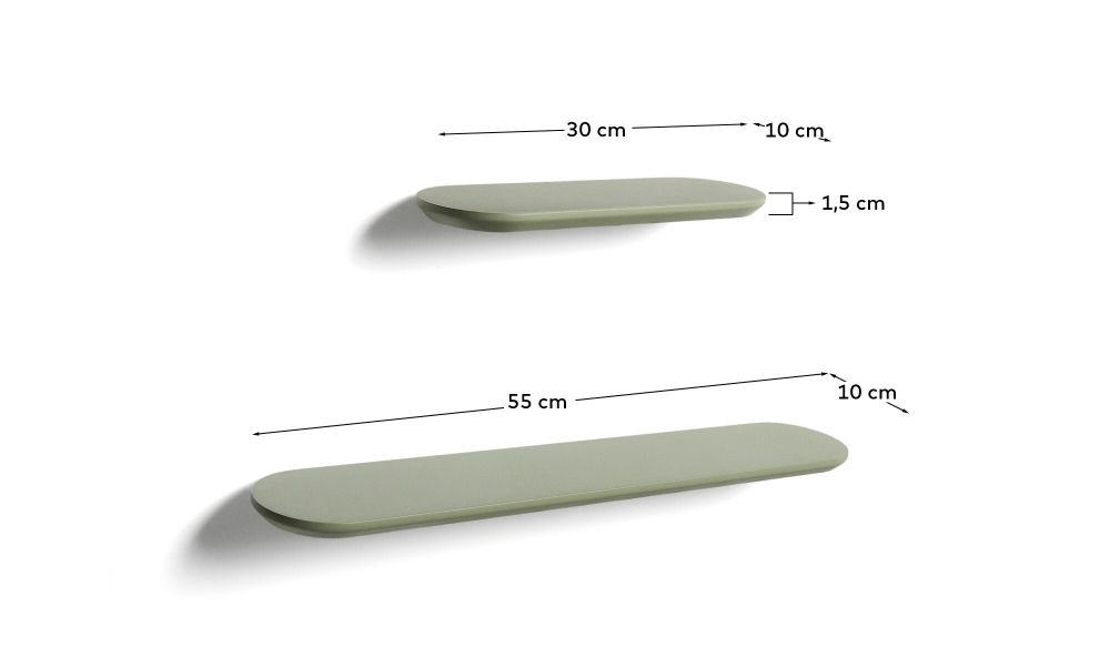Комплект из 2 полок Arely из МДФ с зеленым лаковым покрытием, 35 см/55 см