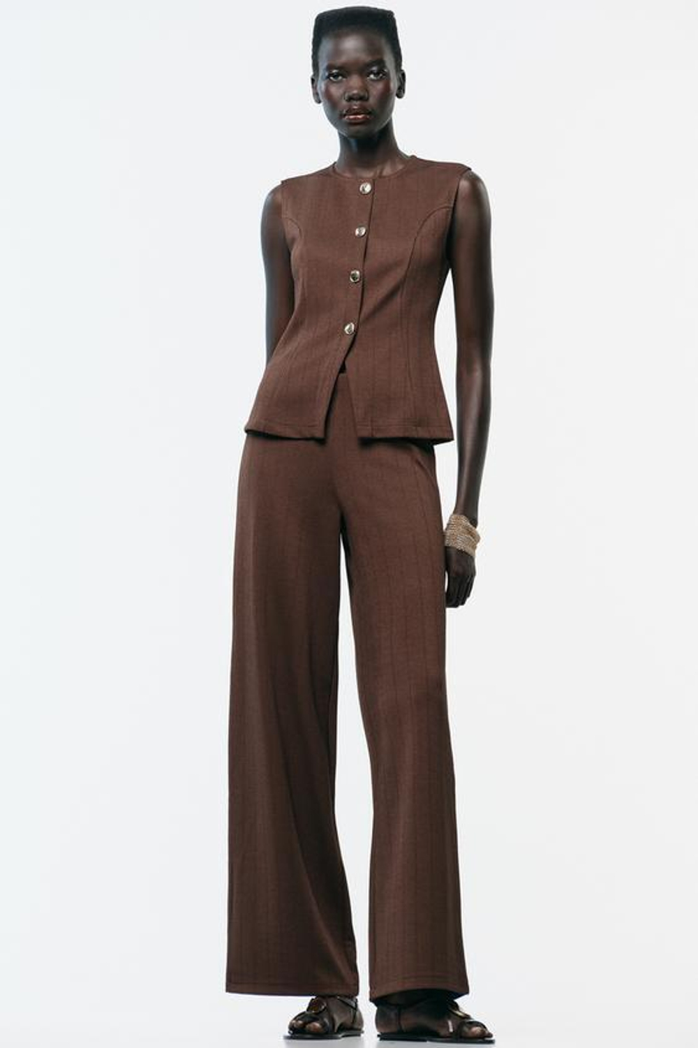 ZARA ШИРОКИЕ БРЮКИ ИЗ ТВИЛА, КОРИЧНЕВЫЙ