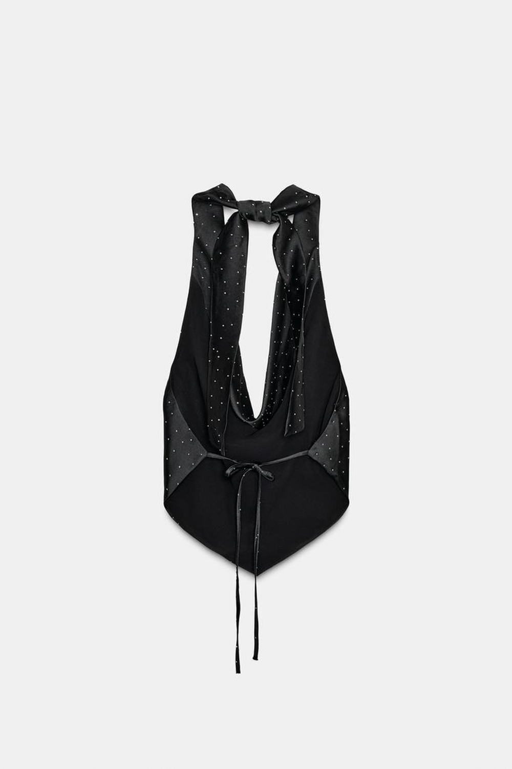 ZARA АТЛАСНЫЙ ТОП С ГОРЛОВИНОЙ ХАЛТЕР И СТРАЗАМИ, ЧЕРНЫЙ