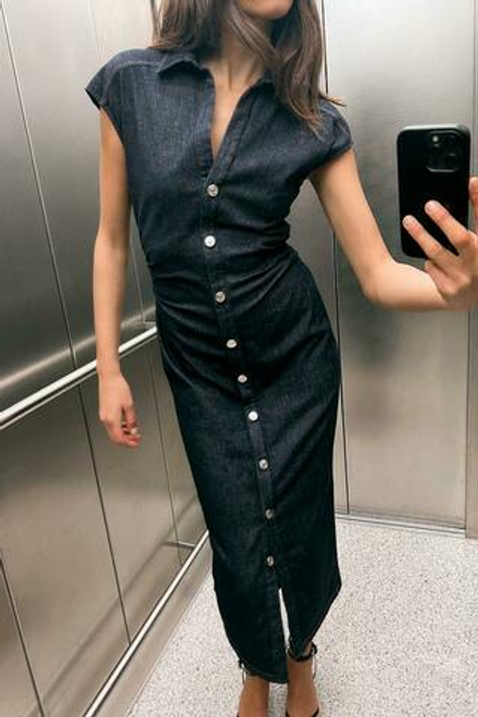 ZARA ПЛАТЬЕ-РУБАШКА МИДИ ОБЛЕГАЮЩЕГО КРОЯ, СИНИЙ