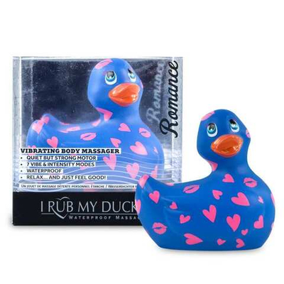 Синий вибратор-уточка I Rub My Duckie 2.0 Romance с розовым принтом (Цвет: синий с розовым)