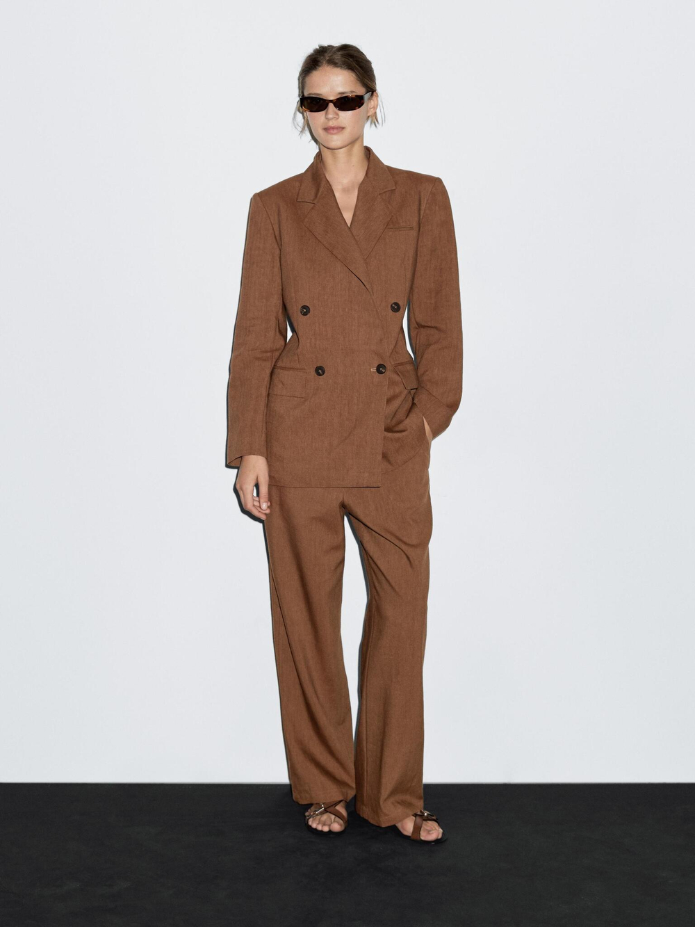 Massimo Dutti Двубортный пиджак из смесового льна, коньячный