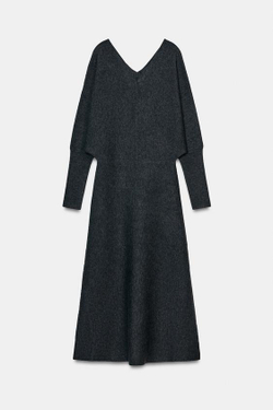 ZARA ТРИКОТАЖНОЕ ПЛАТЬЕ МИДИ С V-ОБРАЗНЫМ ВЫРЕЗОМ, СЕРЫЙ