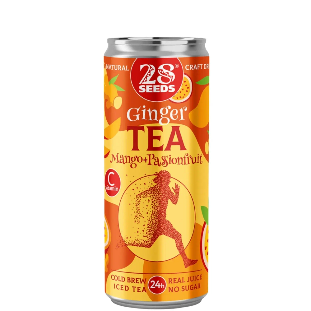 Имбирный чай «Колд брю» Манго и Маракуйя 28SEEDS, освежающий чай с имбирем в банке, вид спереди