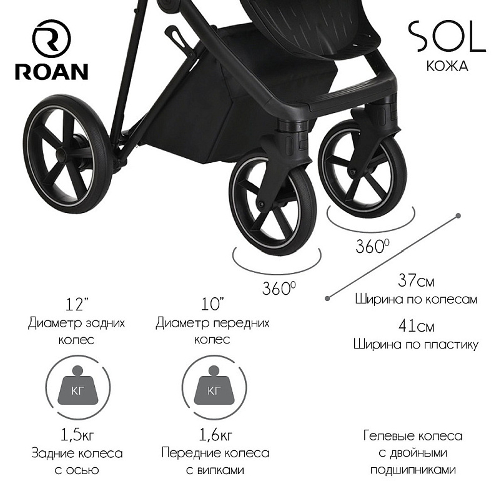 Детская коляска Roan Sol Кожа 2 в 1 RSL/2023 Misti Mint/Grey/руч. Серый