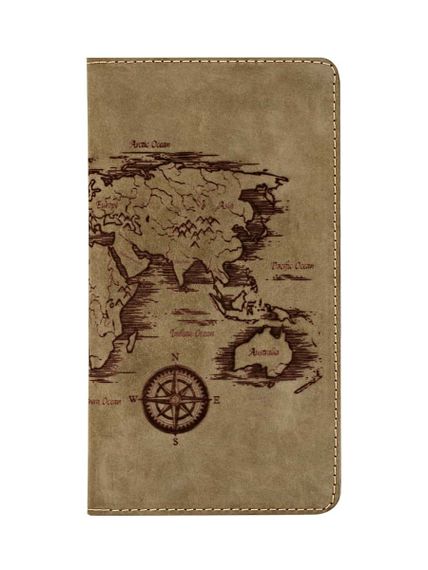 Фото функционального кошелька Карта мира из зеленого нубука, вид фасад.